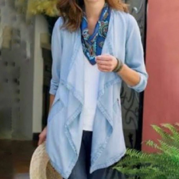 Soft Surroundings Open Front Chambray Jacket Blue Asymmetric Draped - Picture 2 of 12